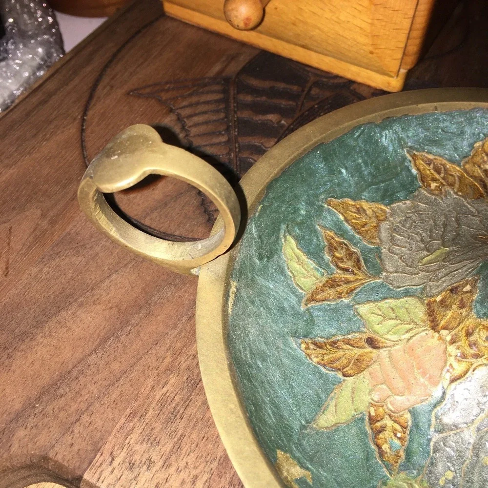Vintage turquoise cloisonné brass handle candle stick